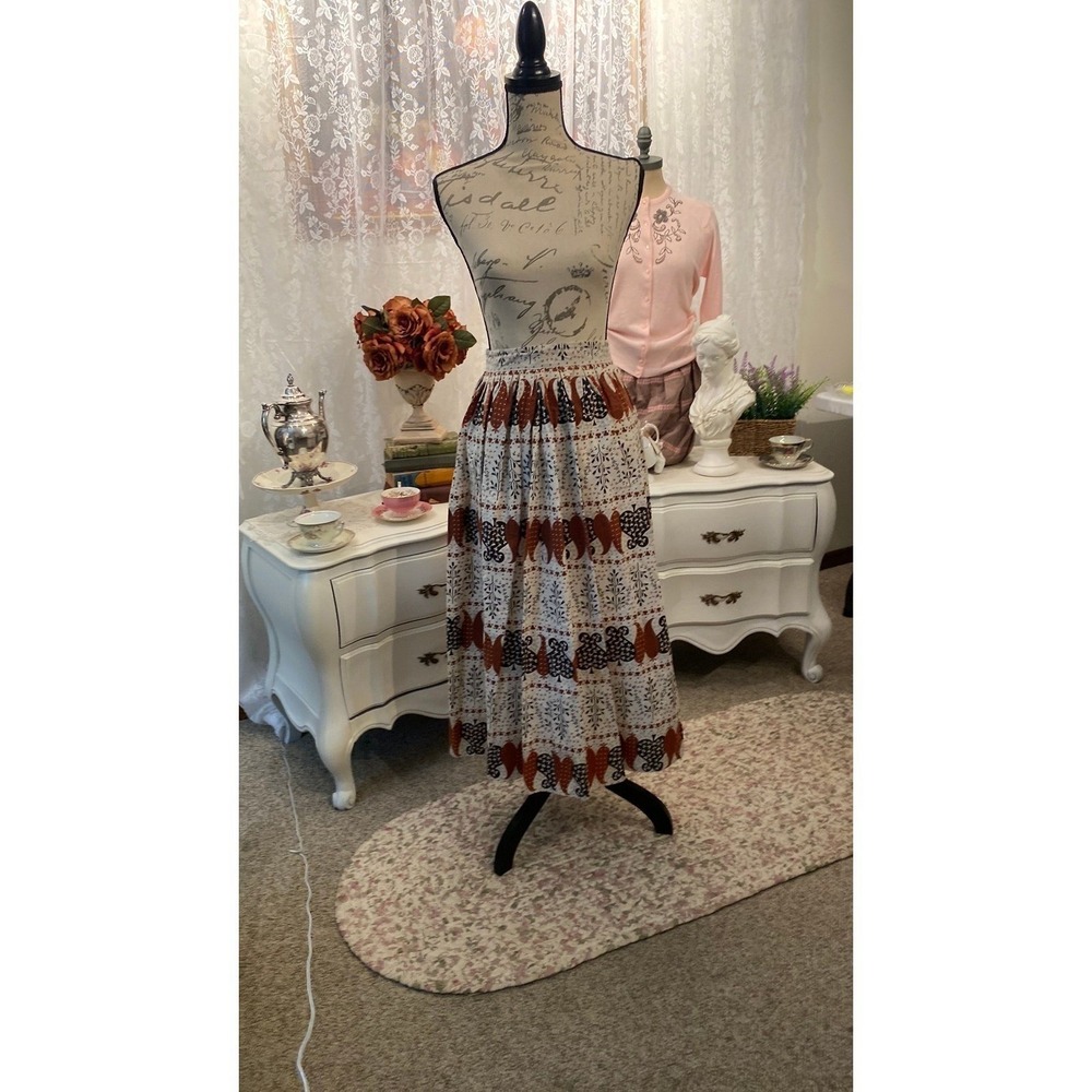 Vintage Novelty Print Midi Skirt Rust Black Butterfly Floral Folk High Waist